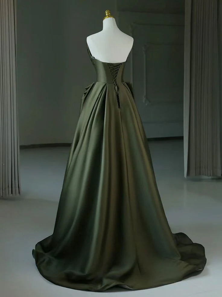 A-Line V Neck Satin Green Long Prom Dress