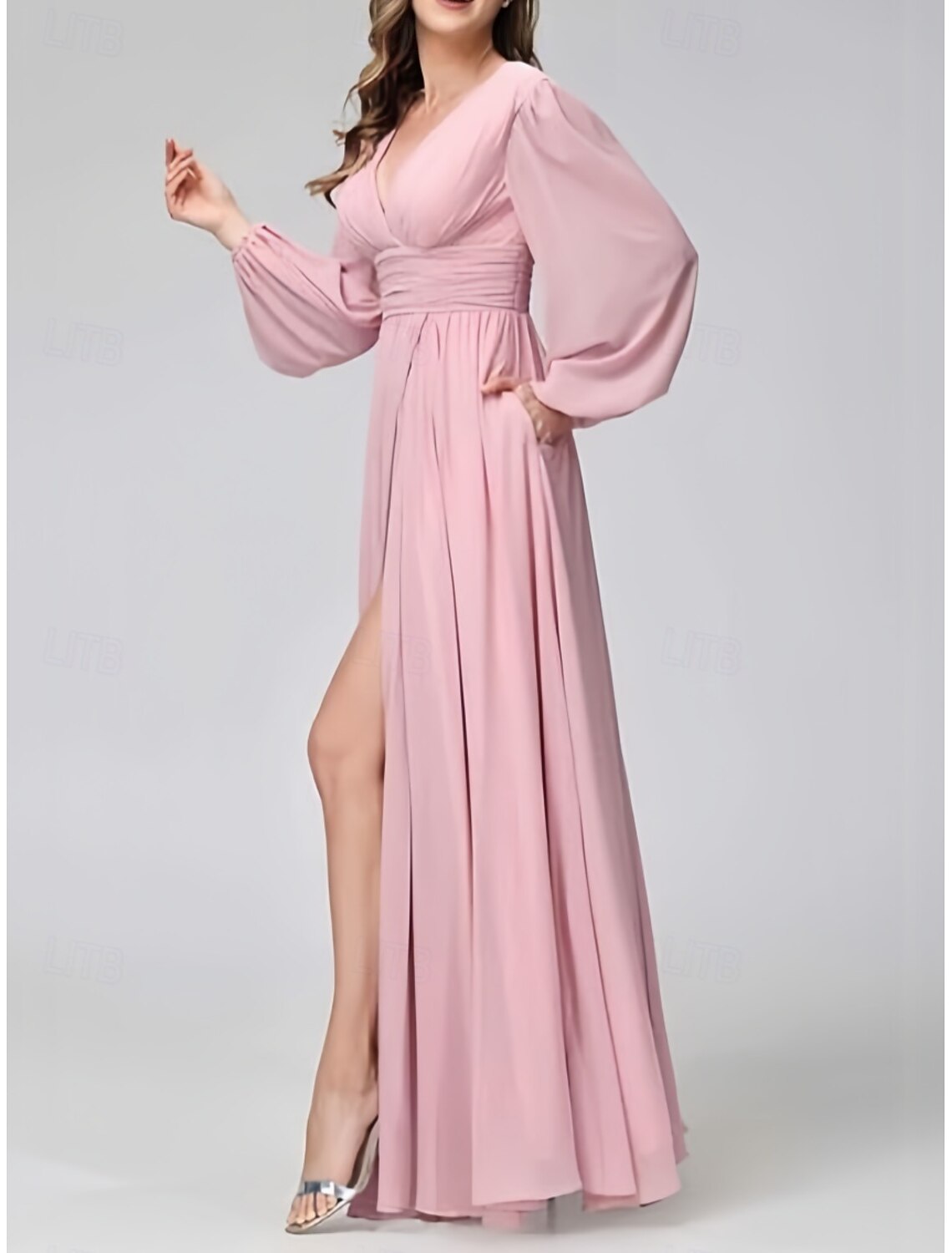 A-Line Bridesmaid Dress V Neck Long Sleeve Elegant Floor Length Chiffon with Pleats Ruching