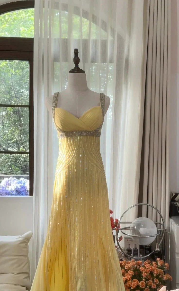 Yellow A Line Strap Beaded Sequin Chiffon Open Back Prom Dress