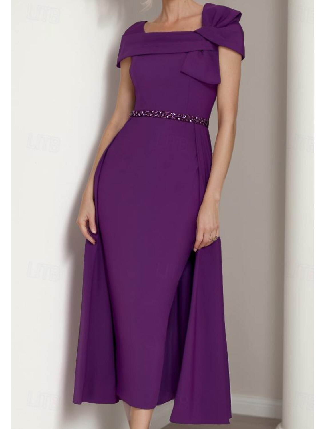 Sheath Mother of the Bride Dress Elegant Square Neck Tea Length Stretch Fabric Short Sleeve with Bow(s) Tier Solid Color Derby Dress Race Day Dress