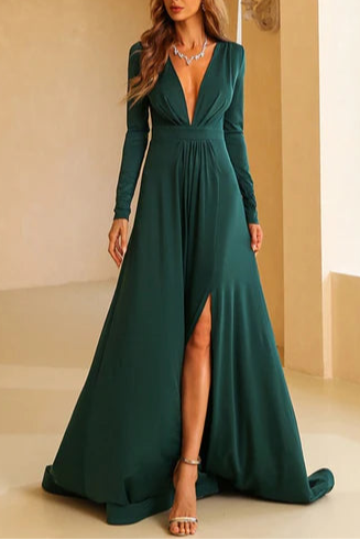 Exquisite tailoring Raspberry V-Neck Long Sleeve A-Line Long Evening Dress
