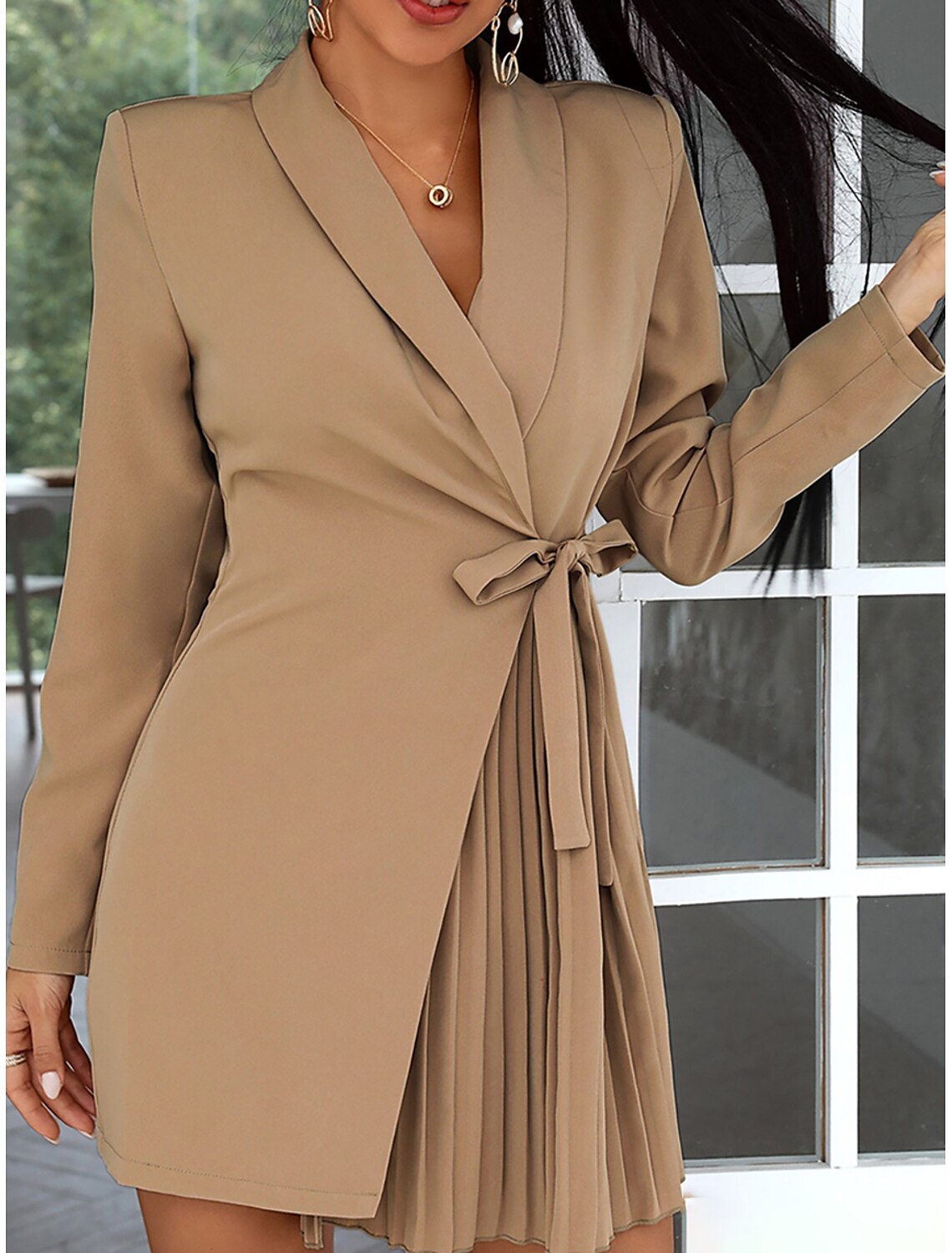Women's Party Dress Cocktail Dress Work Dress Lace up Pleated Shirt Collar Long Sleeve Mini Dress Formal Winter Dress