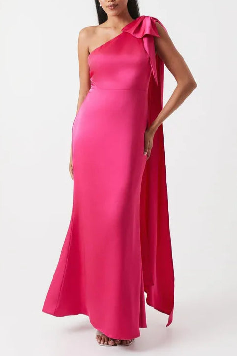 Bow And Drape Detail One Shoulder Satin Unique design Bridesmaid Dress