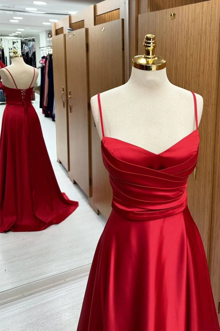 Satin Spaghetti Straps V-neckline Pleats Sleeveless Lace-Up A-Line Bridesmaid Dress