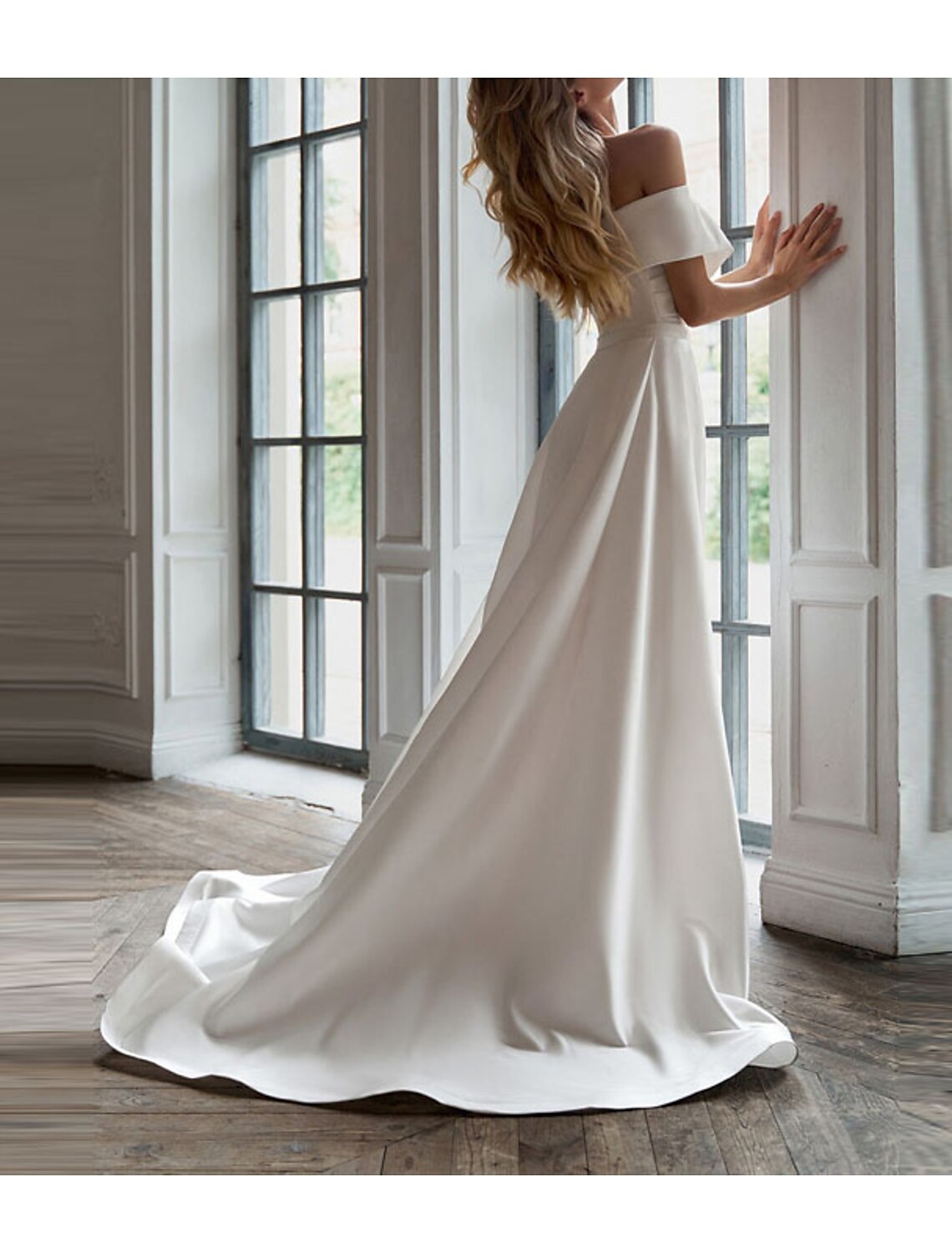 Little Off Shoulder Bridal Shower Dresses Wedding Dresses Two Piece Short Sleeve Sweep Brush Train Satin Bridal Suits Bridal Gowns With Ruched