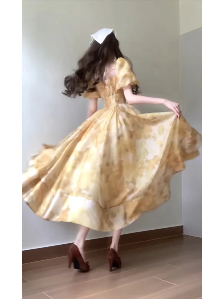 A line Square Neckline Yellow Holiday Dress Floral Birthday Dresses Sexy French Birthday Outfits