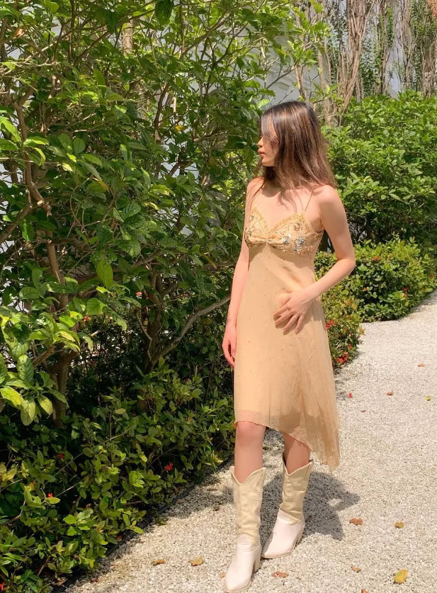 Vintage A Line Chiffon Homecoming Dress Spaghetti Strap Beaded Evening Dress