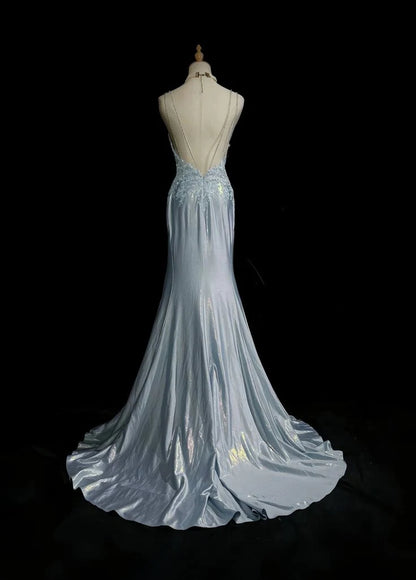 Classy Mermaid Spaghetti Straps Appliques Satin Open Back Long Party Dress