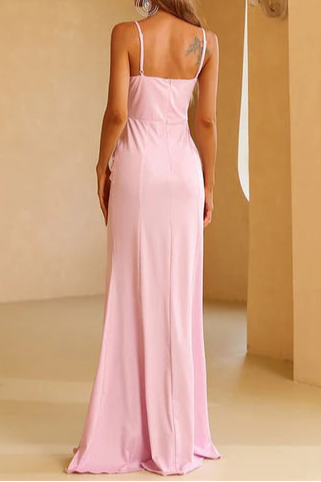 Pink V-Neck Spaghetti strap Ruched Side Slit Mermaid Long Evening Dress