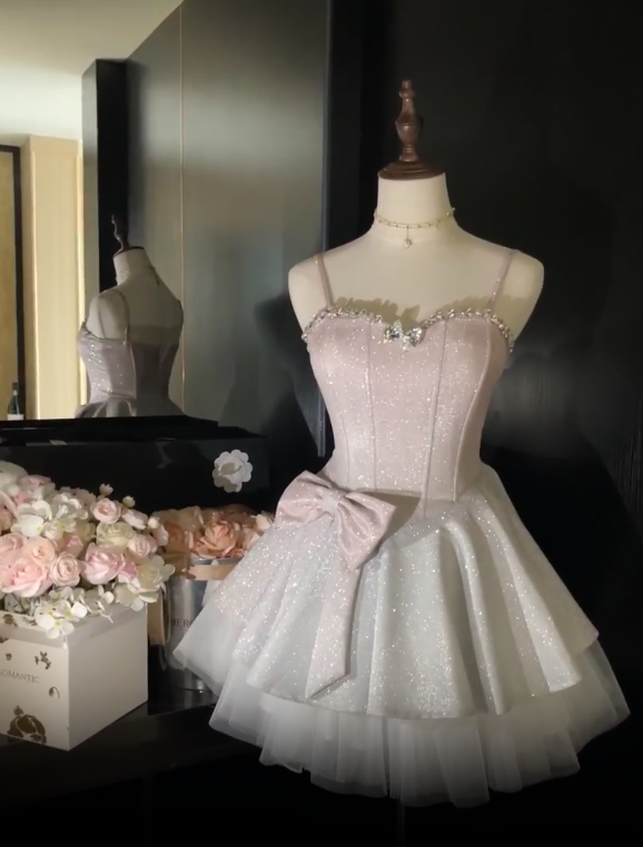 Sweet Pink Spaghetti Straps Tulle Short Prom Dresses A-Line Glitter Satin Homecoming Dress With Bow