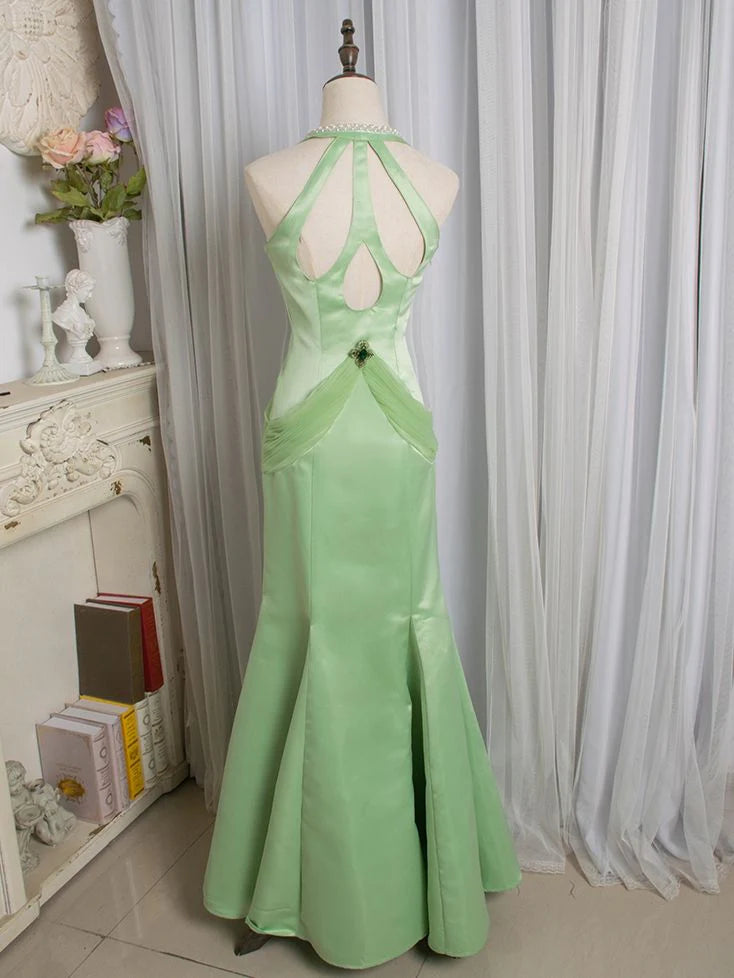 Vintage Mermaid Halter Satin Beaded Light Green Long Prom Dress
