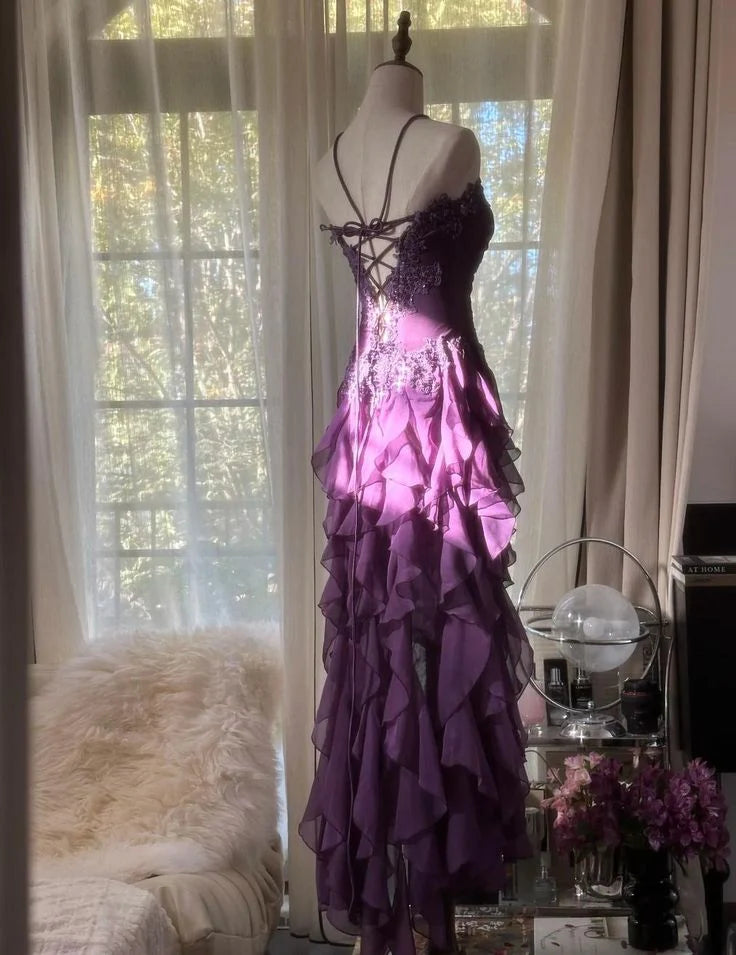Strapless Appliques Tiered Chiffon Long Prom Dress Purple Sheath Evening Dress