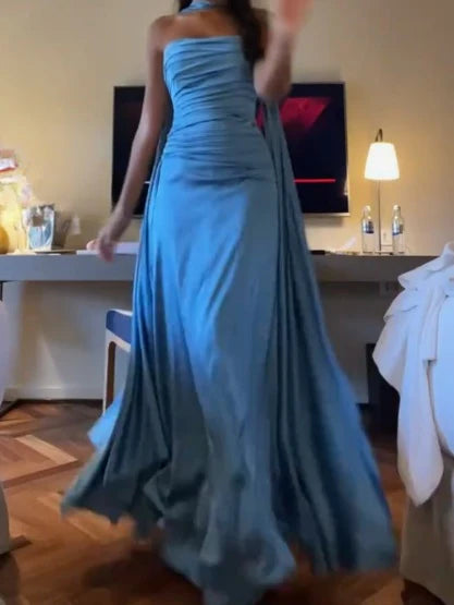 Strapless Sheath Satin Long Prom Dresses Elegant Blue Formal Evening Gowns
