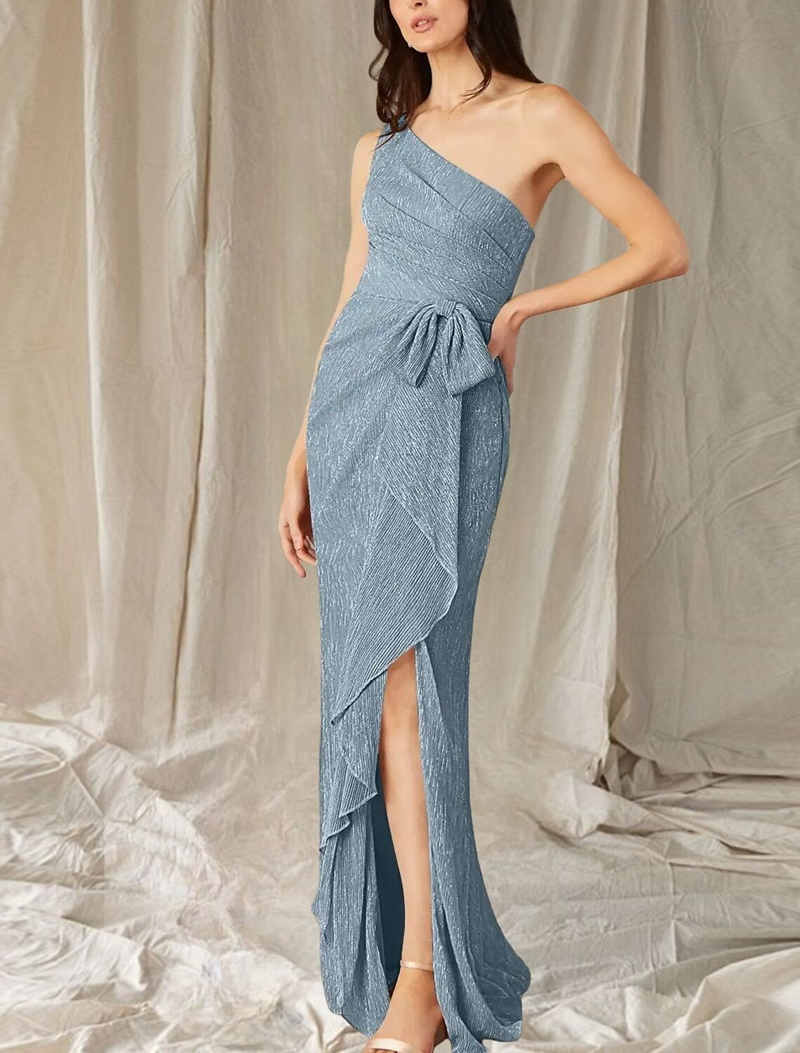 A-Line Mother of the Bride Dress Wedding Guest Elegant High Split One Shoulder Floor Length Stretch Chiffon Sleeveless with Ruffles Split Front Ruching