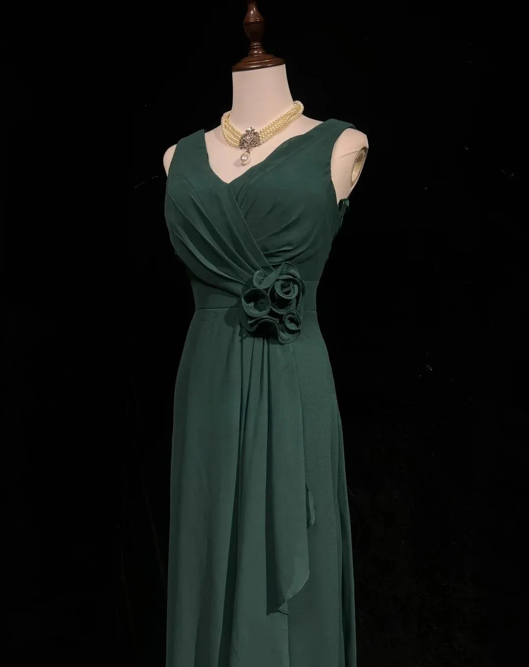 Simple Dark V-neck Chiffon A-Line Bridesmaids Dress, Elegant Green Evening Dress