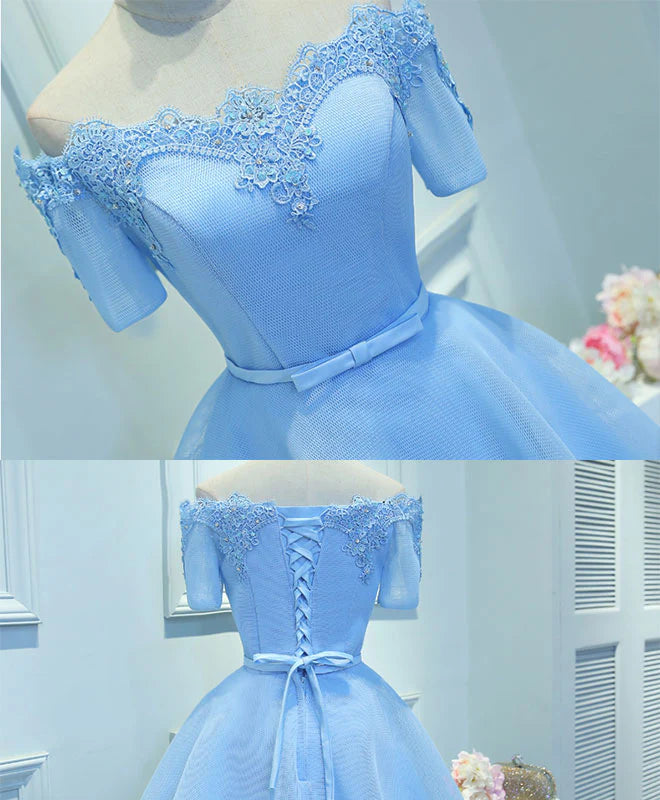 Blue A-Line Tulle Short Sleeve Lace Short Prom Dress, Classic fit Cute Homecoming Dress