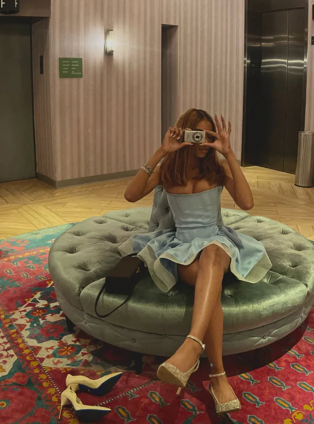 A Line Strapless Blue Satin Tulle Short Homecoming Dress Princess Birthday Dress