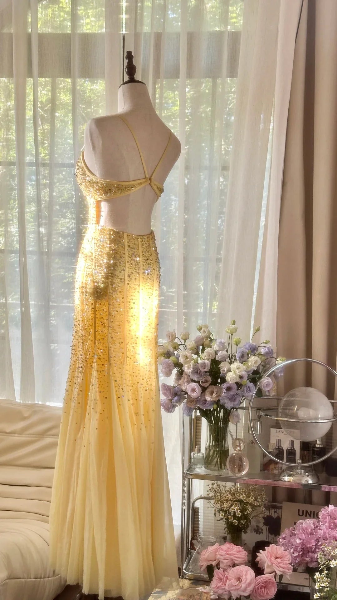 Light Yellow Mermaid Spaghetti Strap Sequin Beaded Chiffon Open Back Party Dress