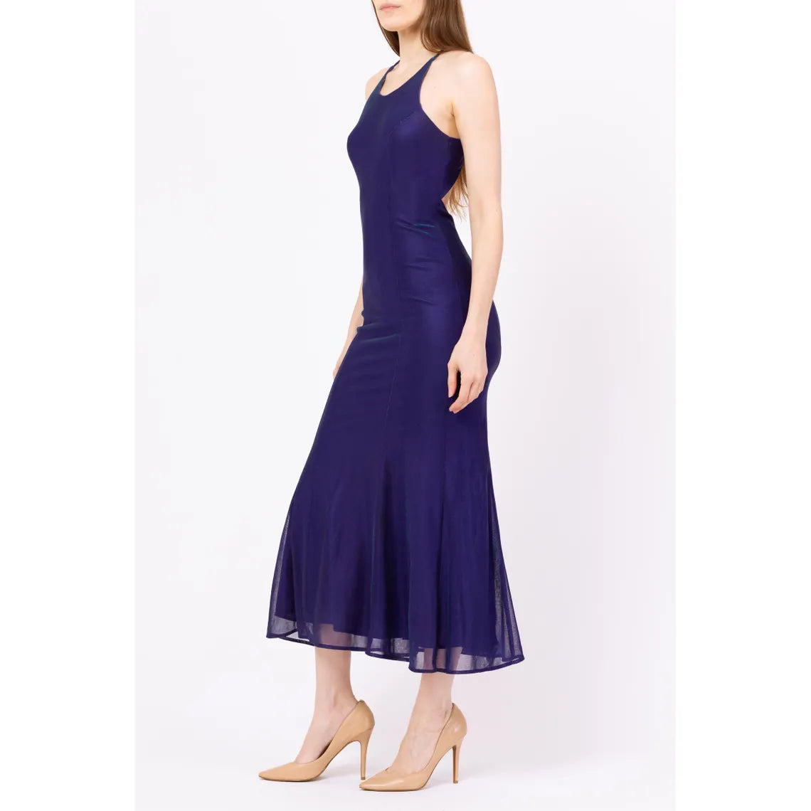 Y2K Prom Dress Vintage 90s Royal Purple Iridescent Backless Gown - XS to Small Cross Open Back Slinky Formal Maxi Dress