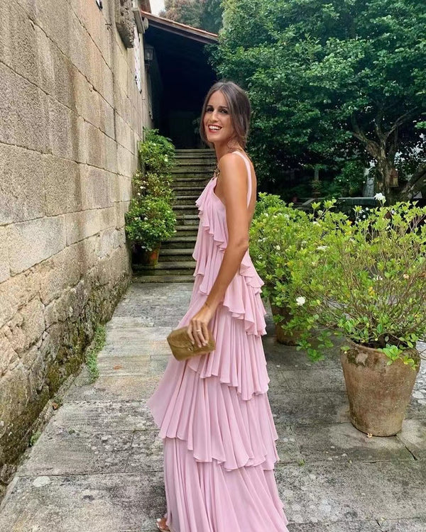 Halter Elastic Satin Floor Length Prom Dress With Layers Formal Gown