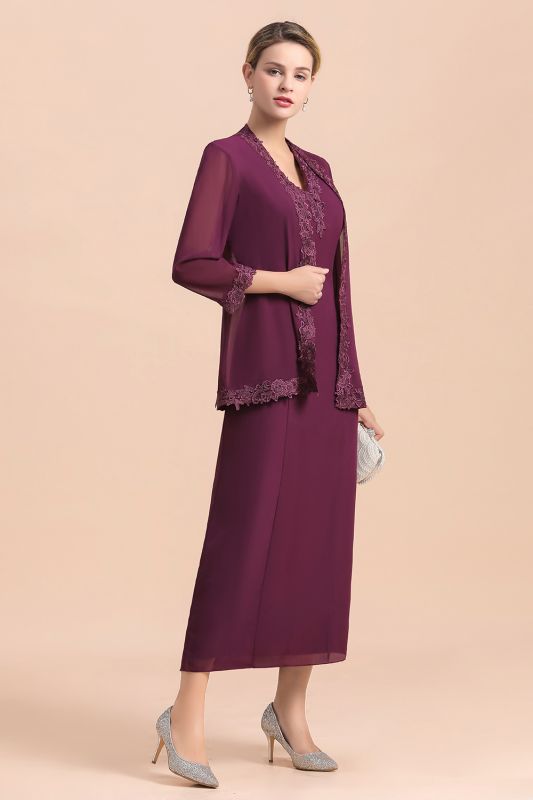 Grape Chiffon 2 Piece Mother of Bride Dress Wedding Guest Suits with Wraps Lace Appliques