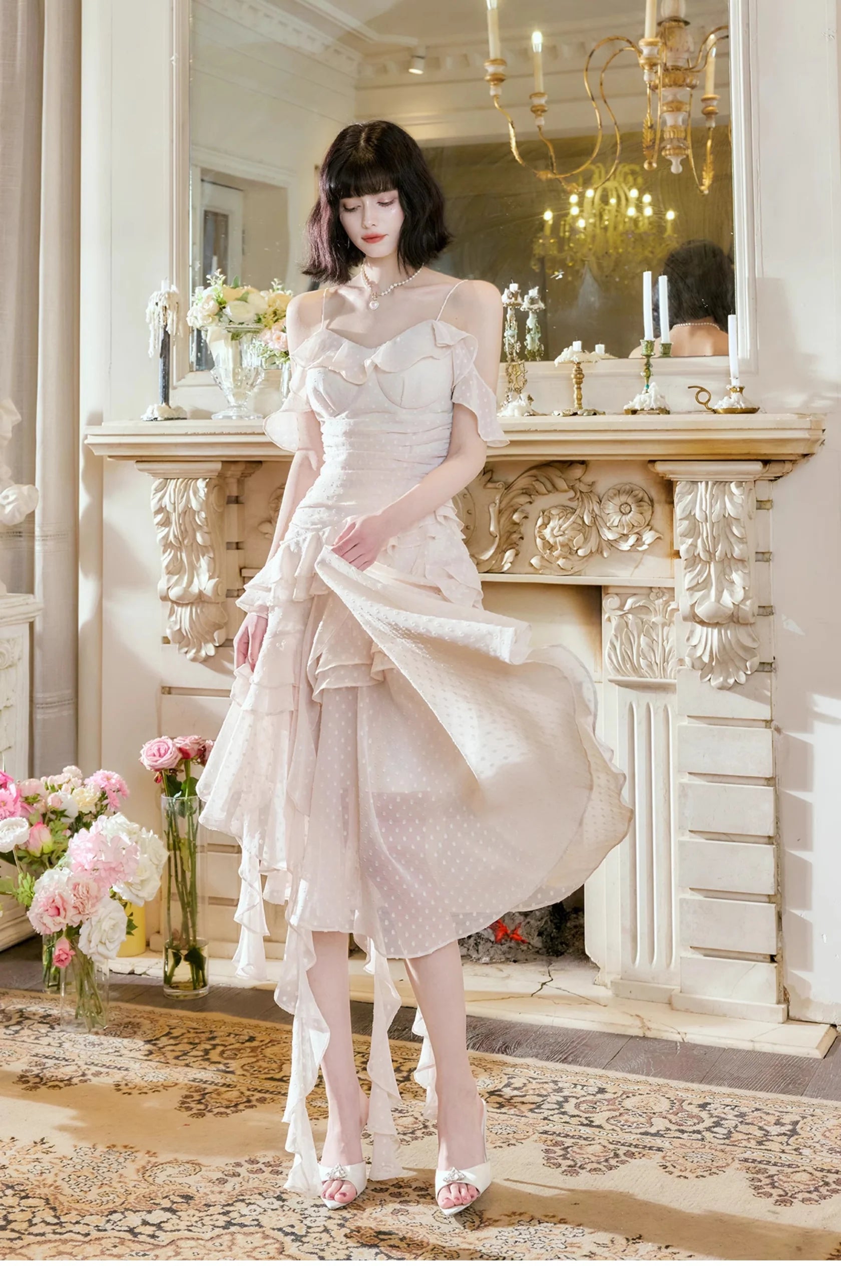 Glam Light Apricot Spaghetti Straps Chiffon Polka Dots Ruffles A-line Party Dress