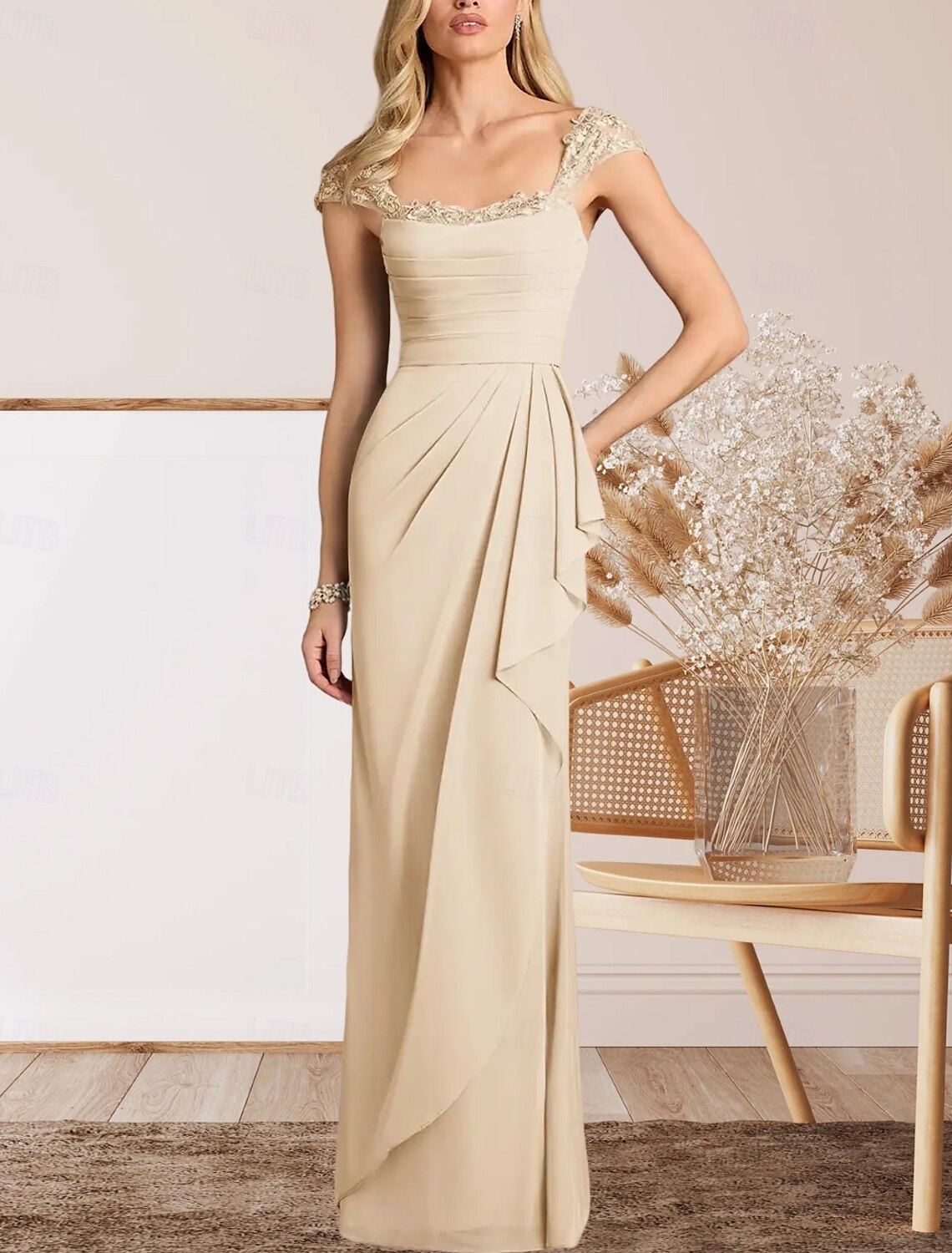A-Line Mother of the Bride Dress Wedding Guest Elegant Sweetheart Floor Length Chiffon Cap Sleeve with Lace Ruching