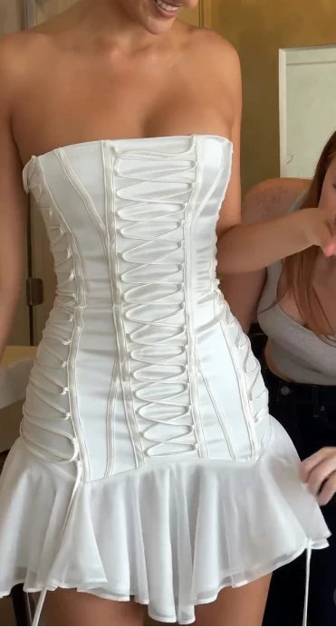 Simple White Strapless Bodycon Satin Chiffon Homecoming Dresses Short Prom Dresses