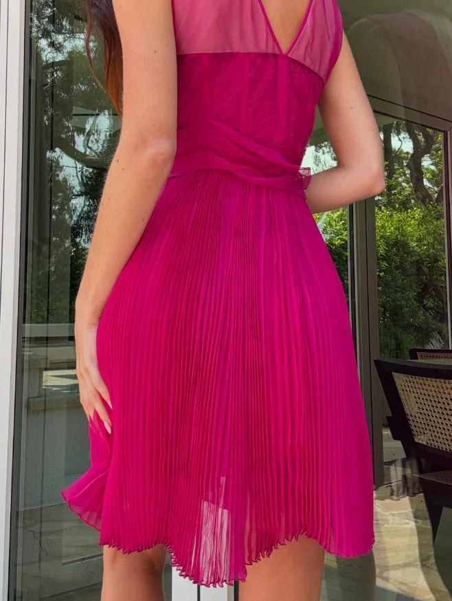 A Line V Neck Chiffon Short Homecoming Dress Hot Pink Birthday Dress