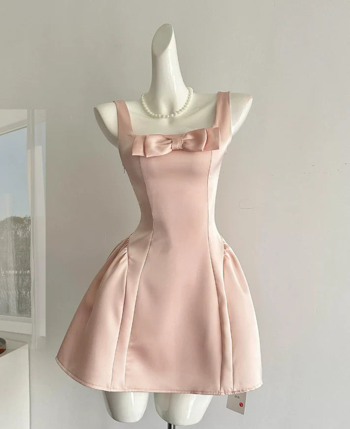 Cute A Line Straps Bow Light Pink Satin Short Homecoming Dress