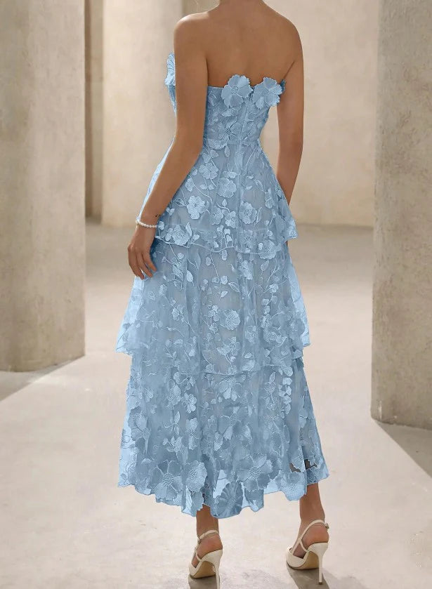 Tulle Embroidered Applique A-Line Vintage Wedding Dress Blue Strapless Elegant Bridesmaid Dress