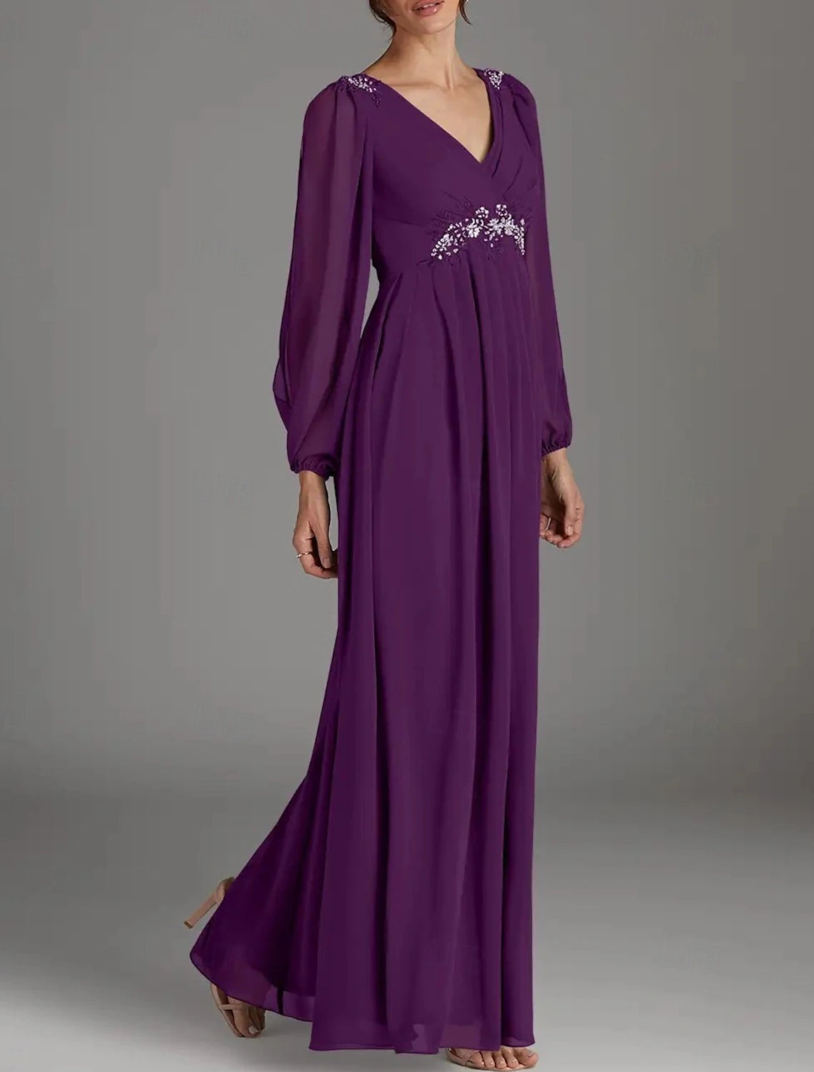 A-Line Mother of the Bride Dress Wedding Guest Elegant V Neck Floor Length Chiffon Long Sleeve with Beading Appliques Ruching