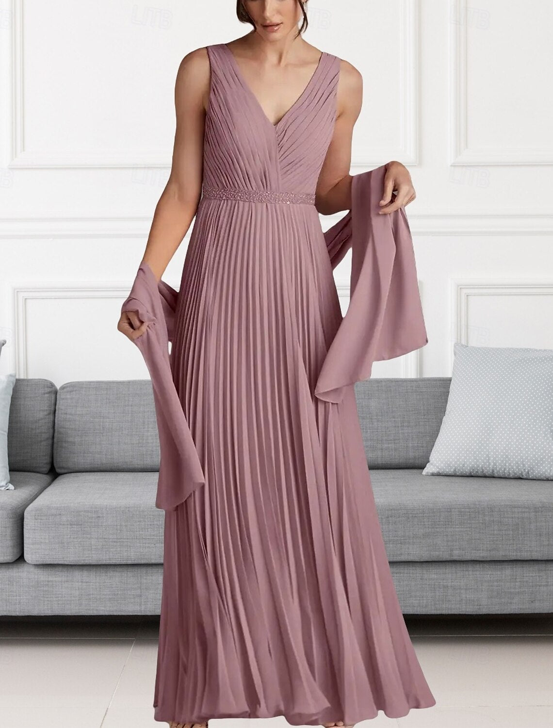 A-Line Mother of the Bride Dress Wedding Guest Elegant V Neck Floor Length Chiffon Sleeveless Wrap Included with Beading Ruching