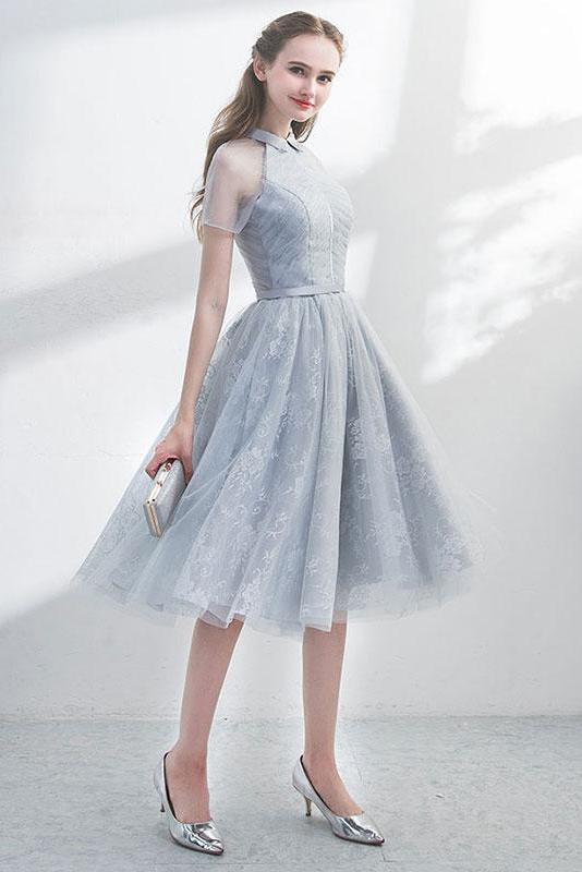Cute Short Prom Dress with Lace A Line Short Sleeves Tulle Homecoming Dress with Lace