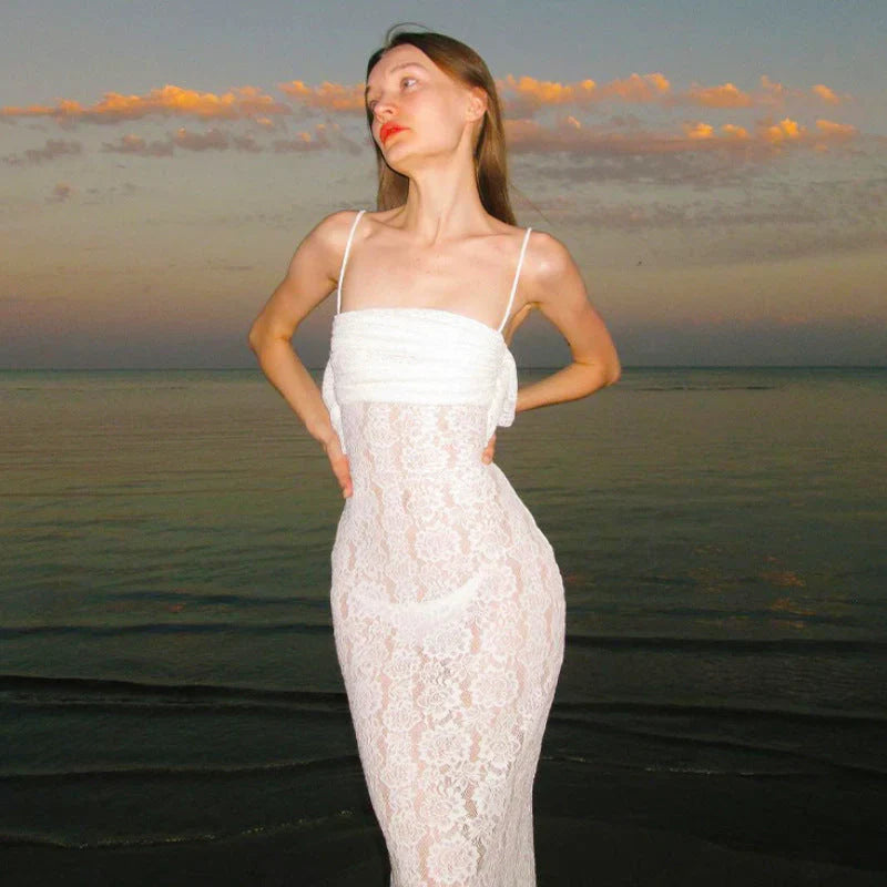 Spaghetti Straps Lace Long Prom Dress White Mermaid Evening Dress