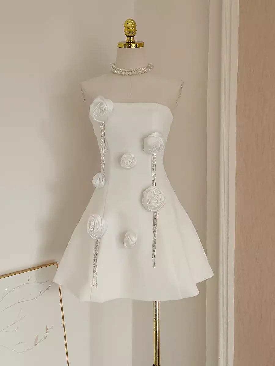 Cute A line Strapless Satin White Flowers Vacation Dress Women Unique design Short Party Dresses