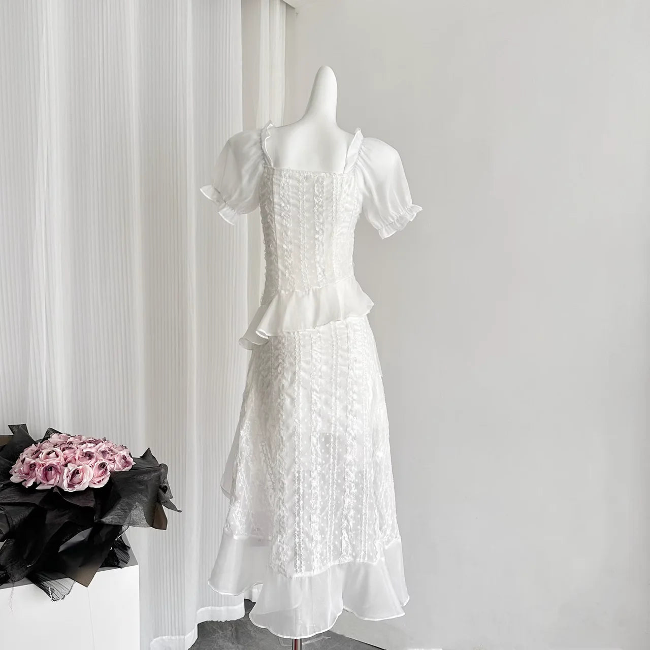 High Low Square Neckline White Sexy Lace Ruffles Dress Beach Homecoming Dresses