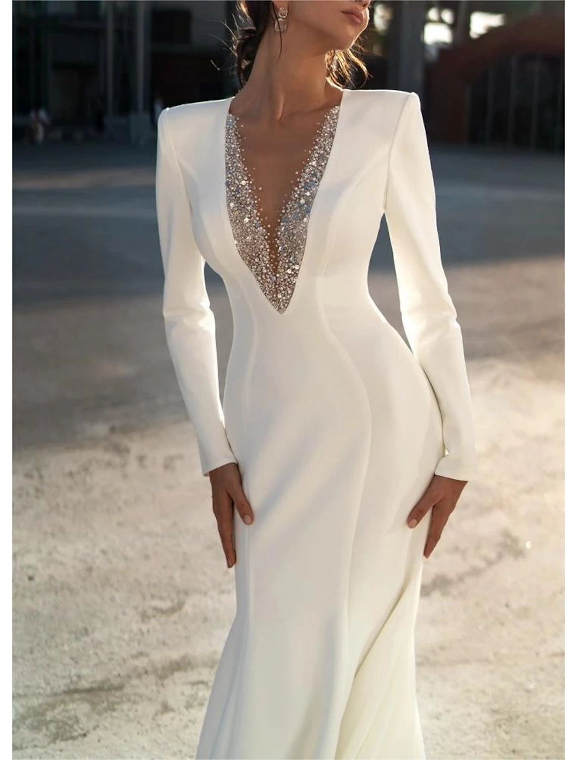 Formal Wedding Dresses Mermaid Long Sleeve V Neck Brush Train Chiffon Bridal Gowns With Beading Solid Color