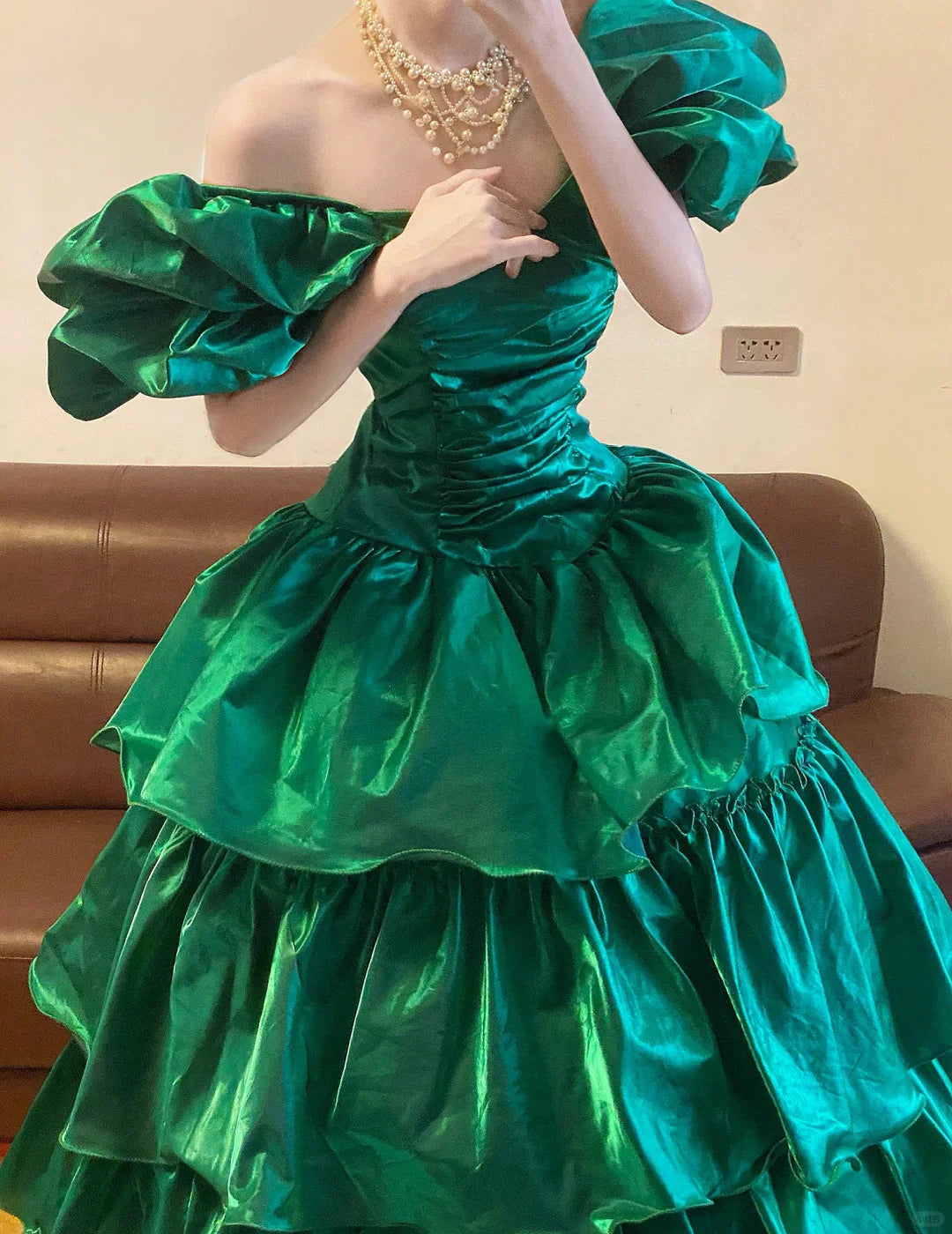 Stunning A Line Off the Shoulder Emerald Satin Long Sweep Party Dress