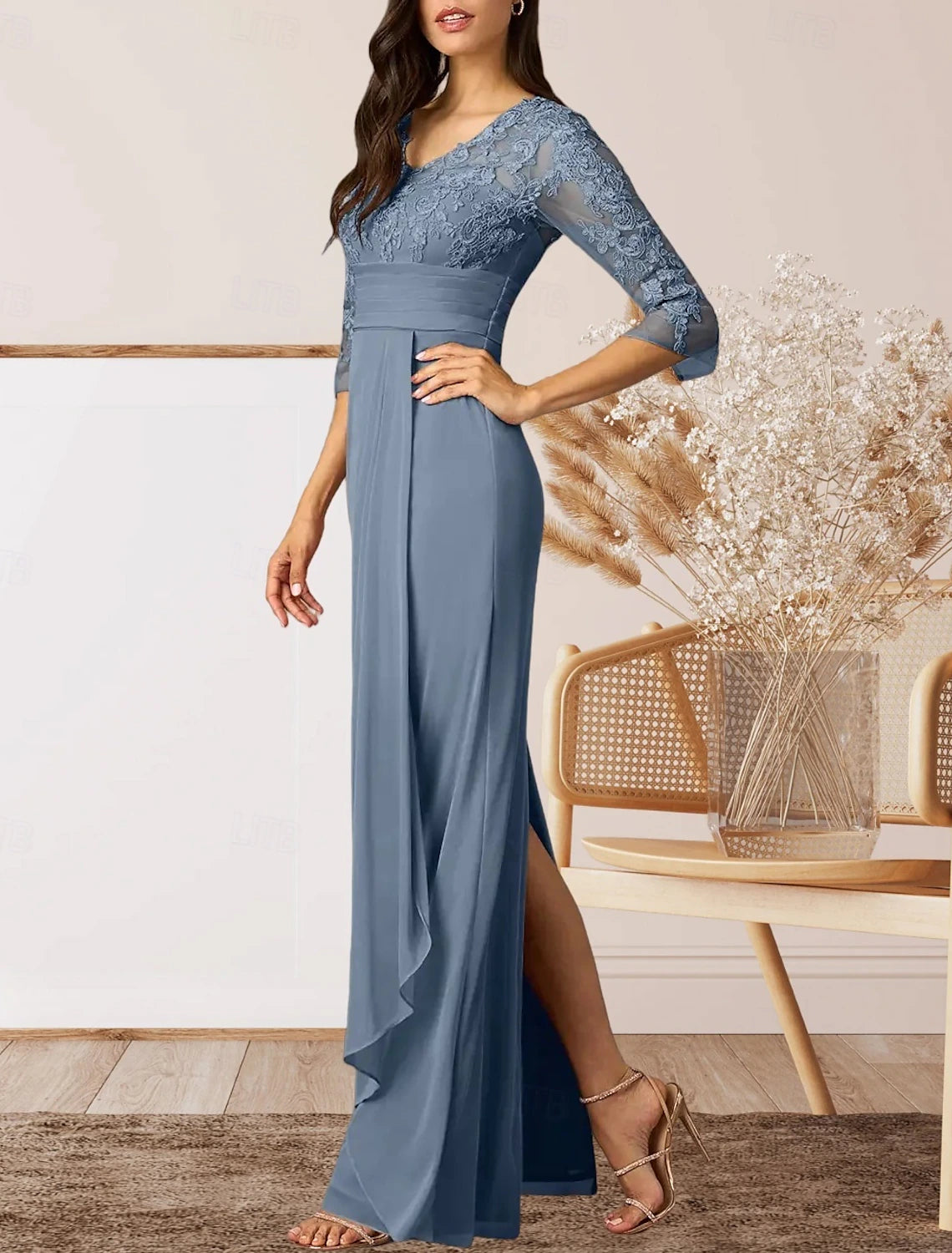 Sheath / Column Mother of the Bride Dress Wedding Guest Elegant High Split V Neck Floor Length Chiffon 3/4 Length Sleeve with Ruffles Appliques Ruching