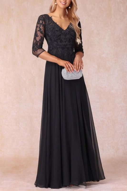 Half Sleeves Chffon Mother of the Bride Dress V-Neck Lace Appliques Wedding Formal Dress