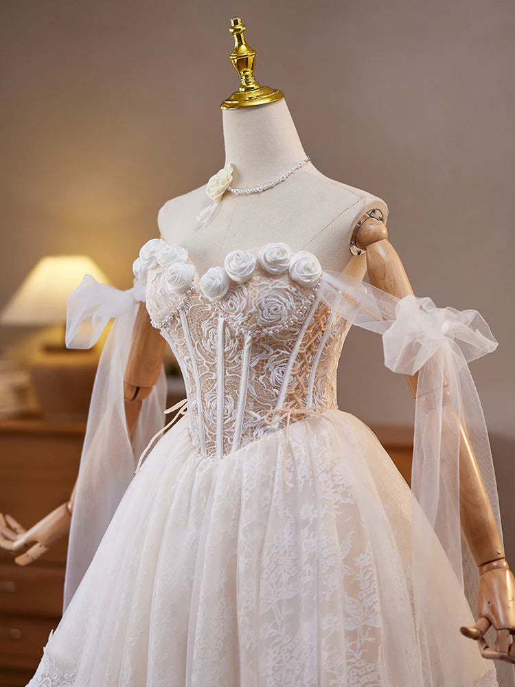 A-Line Off Shoulder Tulle Lace Beige Short Prom Dress, Full of charm Homecoming Dress