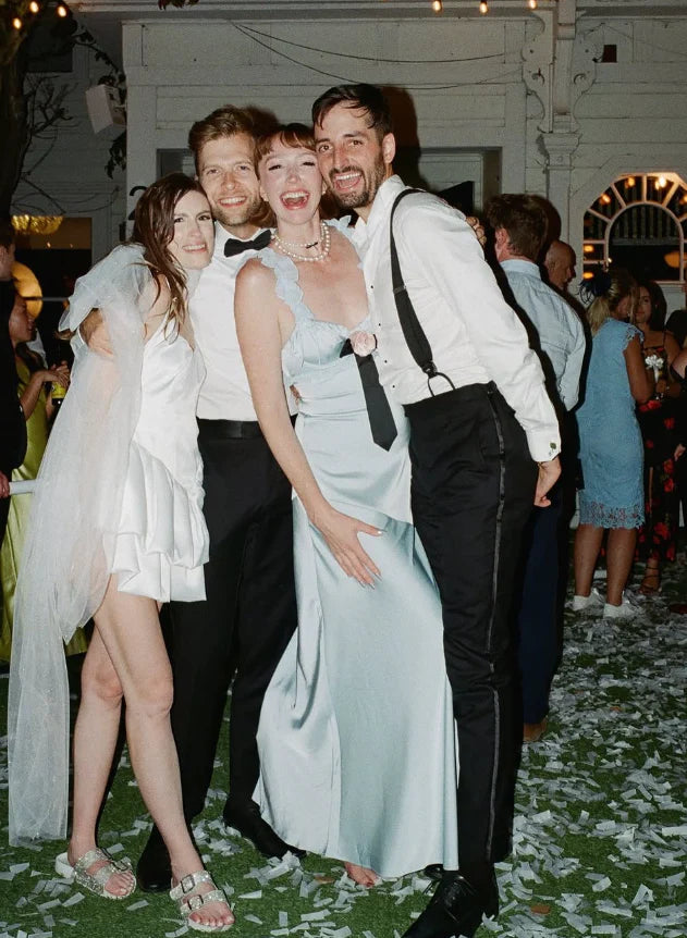 Cute A Line Spaghetti Straps Flower Bow Blue Satin Long Prom Dress