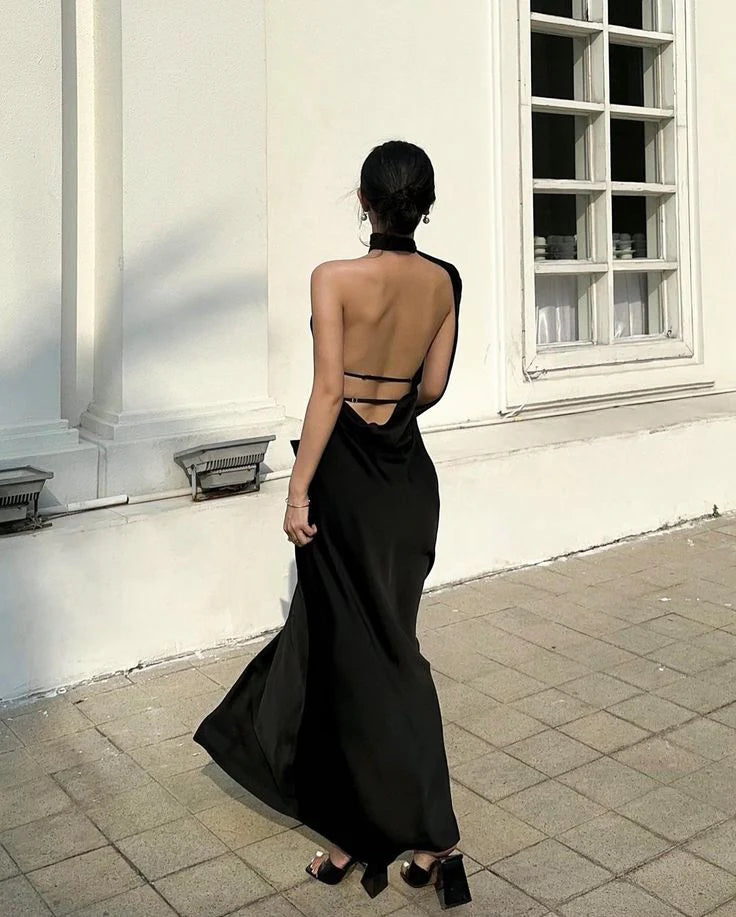 Black Halter Slim-fit Backless Sexy Full of charm Satin Prom Dress