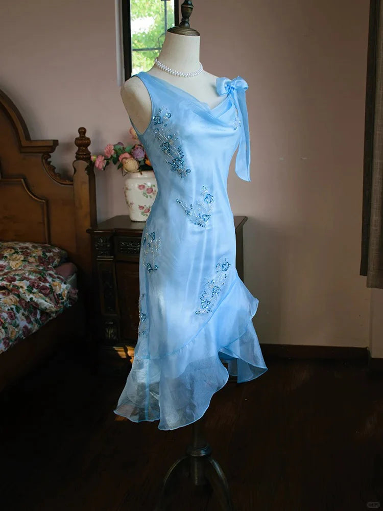 Elegant Blue Asymmetric Neck Beading Short Prom Dress Bodycon Chiffon Evening Gowns