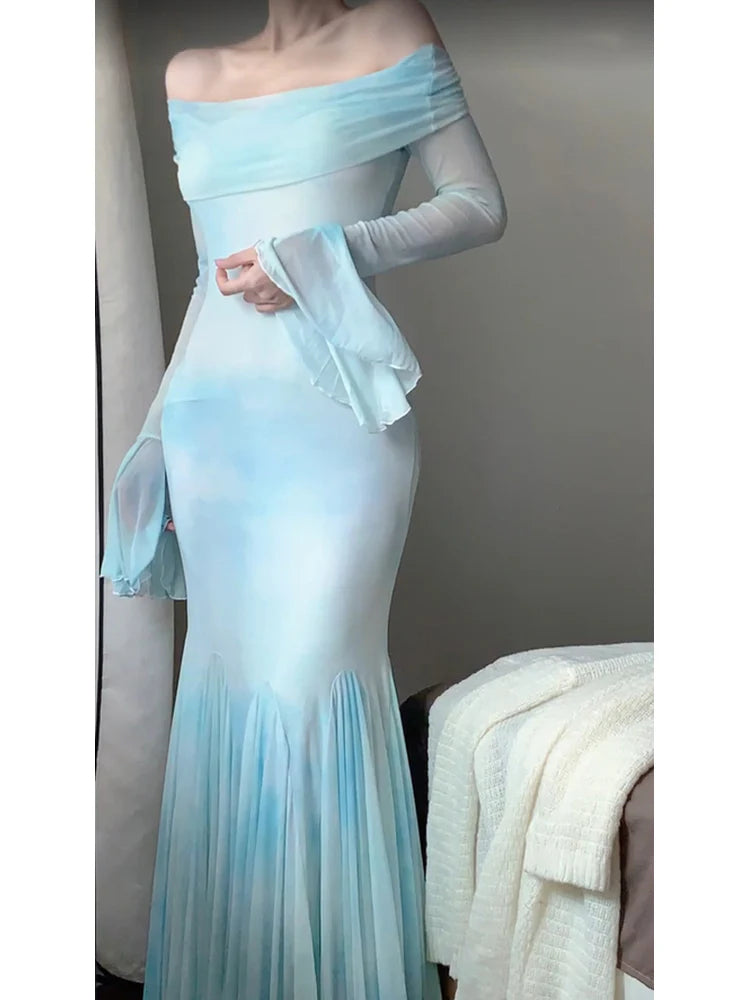 Sexy Mermaid Light Blue Women's Beach Dress Off The Shoulder Prom Dresses