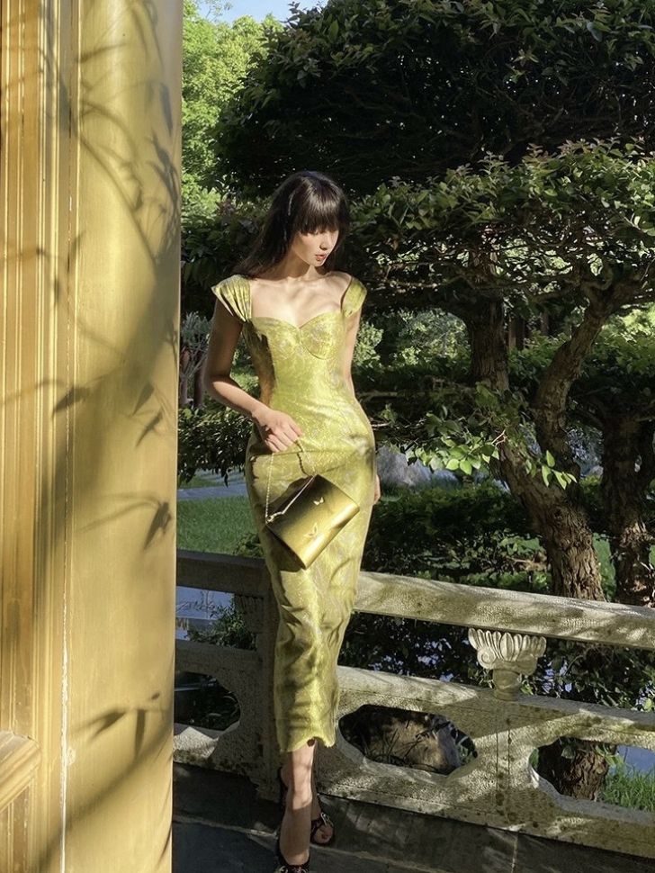 Elegant Sheath Straps Print Flower Green Satin Party Dress Evening Dress