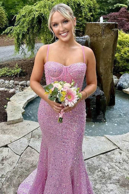 Mermaid Spaghetti Straps Party Dress Glitter Mermaid Long Prom Formal Dress