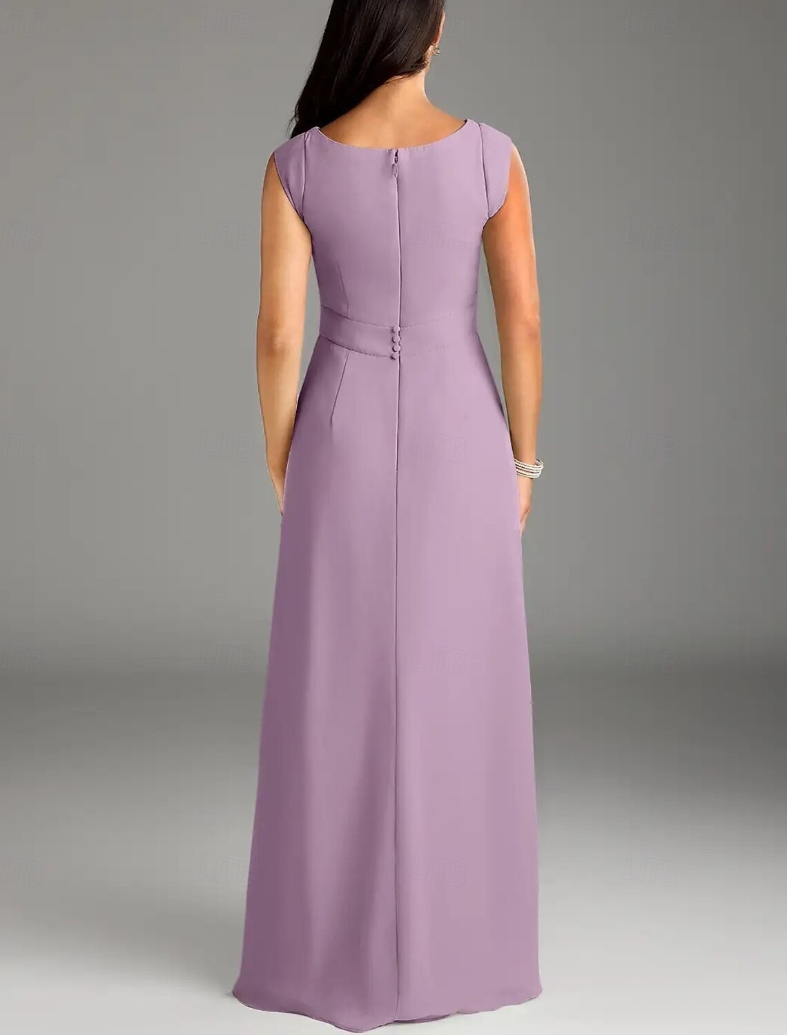 A-Line Mother of the Bride Dress Wedding Guest Elegant Minimalist Crew Neck Floor Length Chiffon Lace Cap Sleeve with Lace Buttons