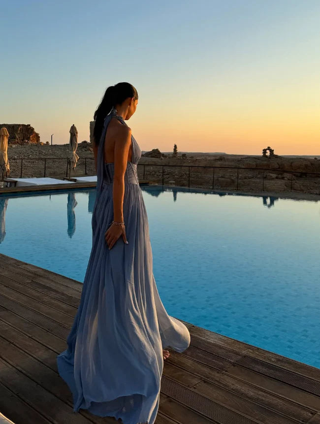 Blue A Line Halter Chiffon Open Back Prom Dress Evening Dress with Slit